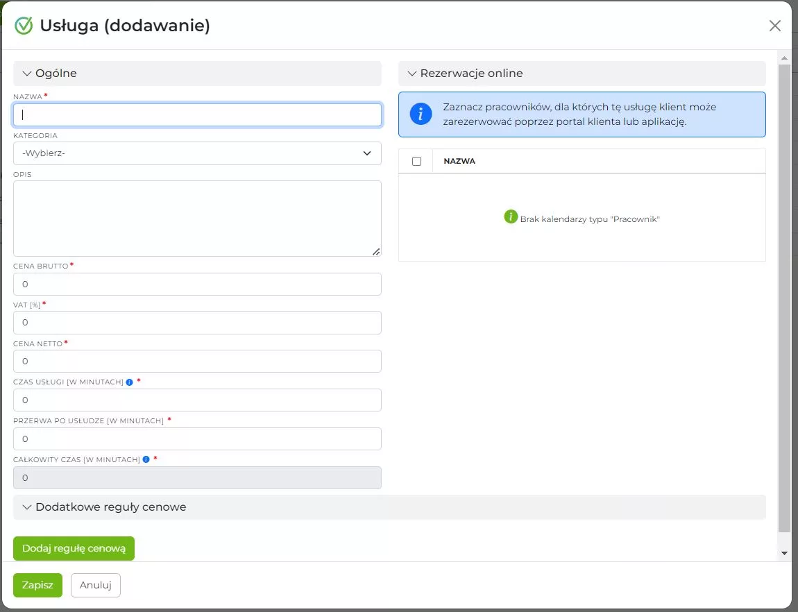 Dodawanie usług w kalendarzu rezerwacji